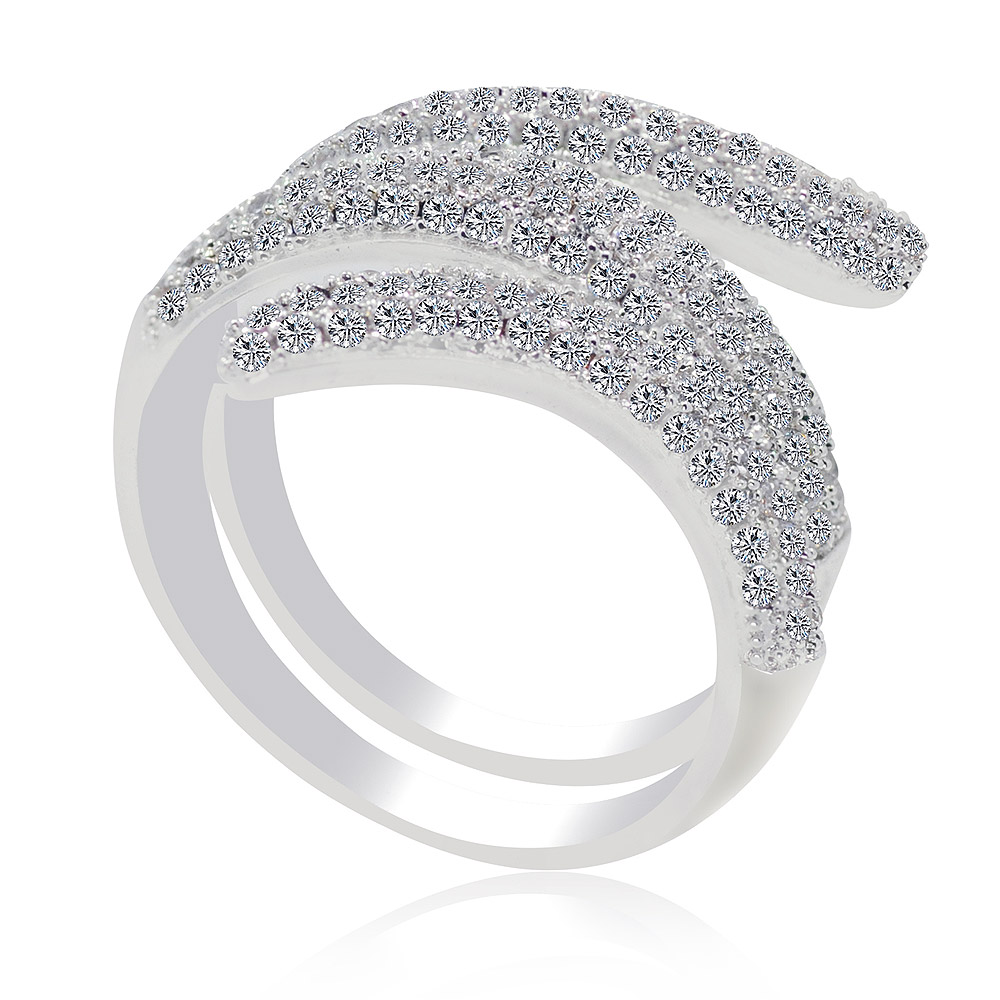 A close-up of the Snake Curve Ring, showcasing its distinctive S-shaped design made of silver-colored brass and heavily embellished with sparkling cubic zirconia gemstones.