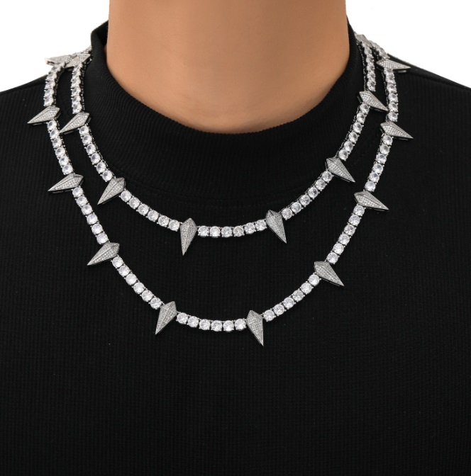 A custom 5mm iced out CZ tennis necklace in sterling silver, featuring a bold spiked design, crafted by JR Fashion Accessories.