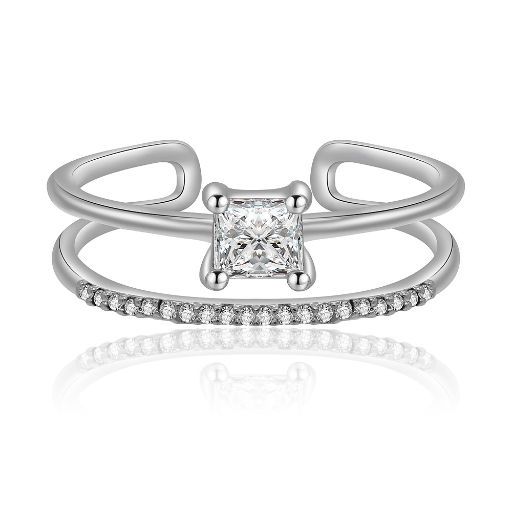 A Princess Cut Ring Wrap Enhancer Ring showcasing a unique split-band design with a central square-cut cubic zirconia, plated in rhodium for a brilliant shine.