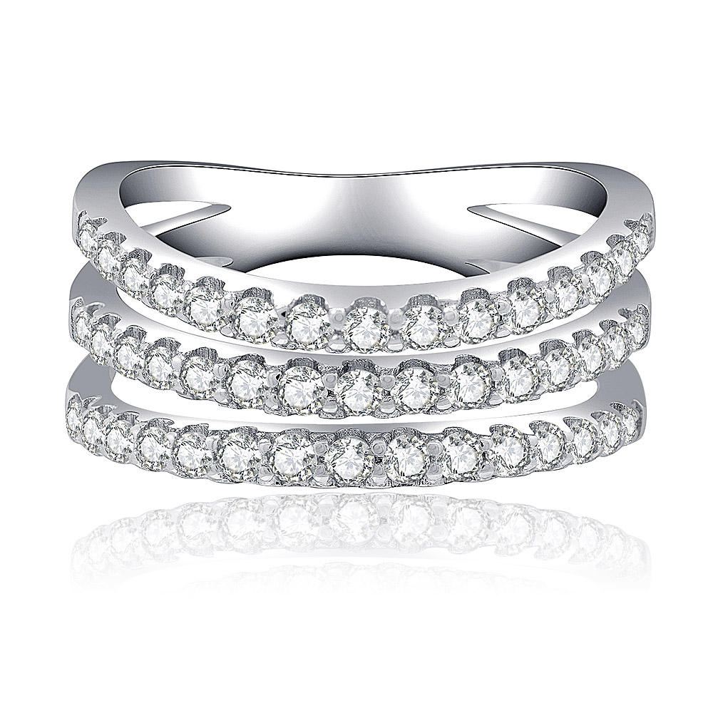 A close-up of the Tri Open Three Row Circle Band Ring, showcasing its three stacked bands set with sparkling cubic zirconia stones against a white background.