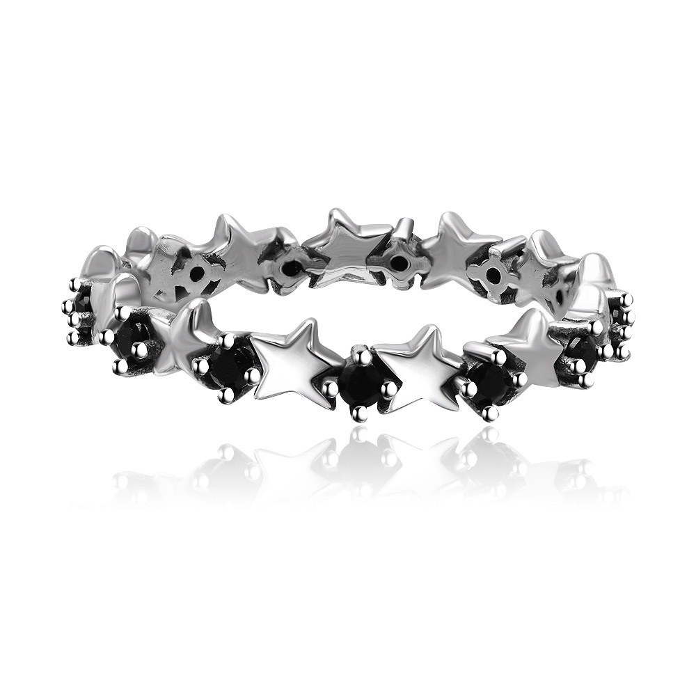 Two Finger Star Trail Stackable Rings in 925 sterling silver, featuring a star-shaped design with brilliant black cubic zirconia stones, displayed on a white background.