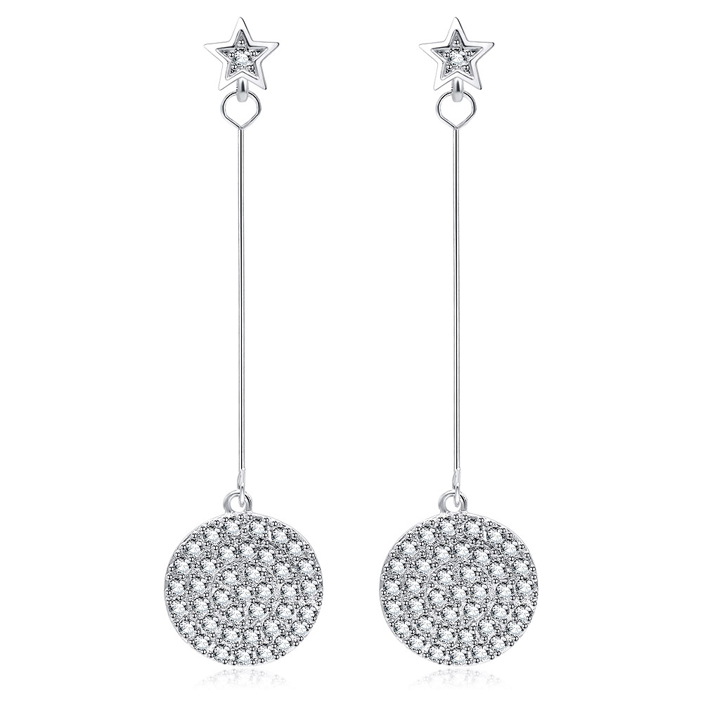 A pair of Bar Round Disc Drop Earrings with rhodium plating, featuring a star-shaped top and a circular bottom disc paved with sparkling white cubic zirconia.