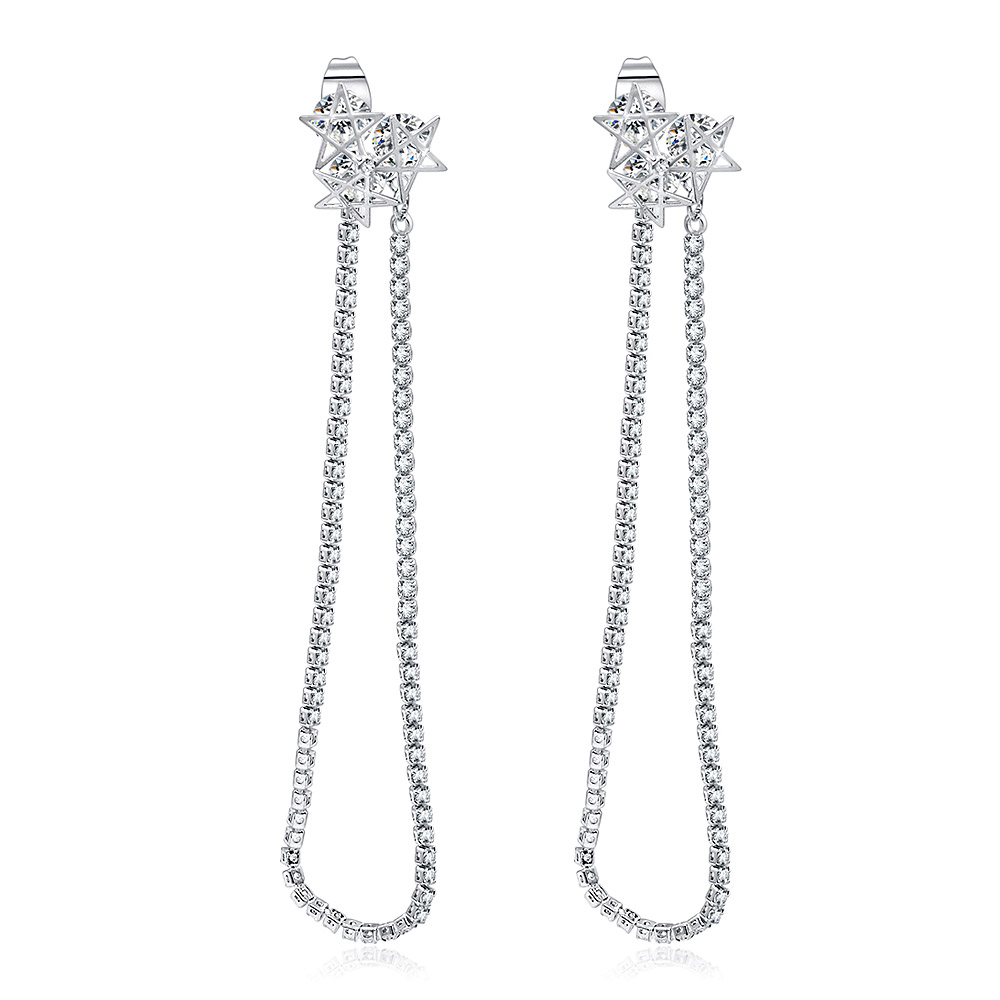 A pair of Dangle & Drop Triple Star Earrings, featuring a star-shaped top and a cascading chain design, crafted from rhodium-plated brass and adorned with white cubic zirconia stones.