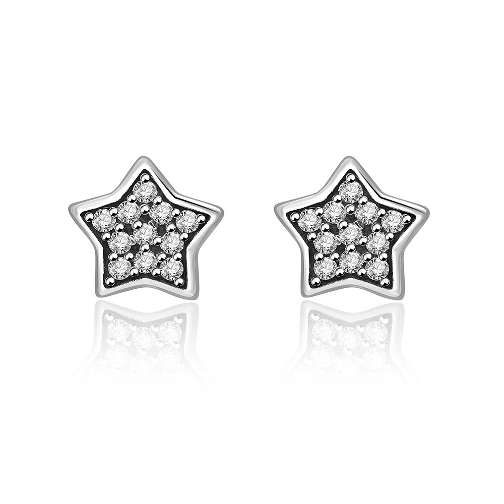A pair of 925 Sterling Silver Star Ear Studs with an oxidized silver finish, showcasing the intricate star shape set with sparkling white cubic zirconia stones.