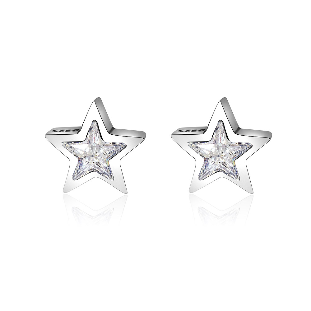 A pair of silver single star zirconia ear studs, style SEP01-S-Z-00250, made from 925 sterling silver with a central clear gemstone.