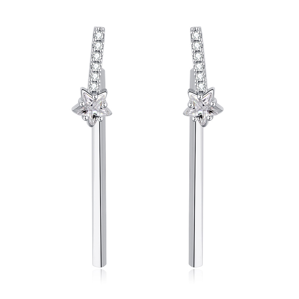 A pair of modern Star Bar Drop Earrings, crafted from rhodium-plated brass, featuring a sparkling white cubic zirconia star motif and a delicate bar drop.