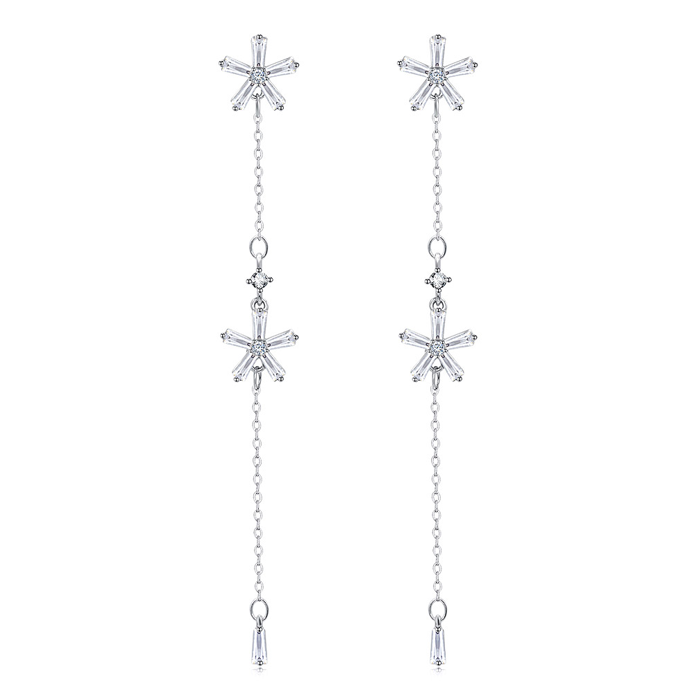 A pair of Flower Baguette-Cut Diamond Dangle Earrings, showcasing a multi-component design with star-shaped tops and dangling crystals on a white background.