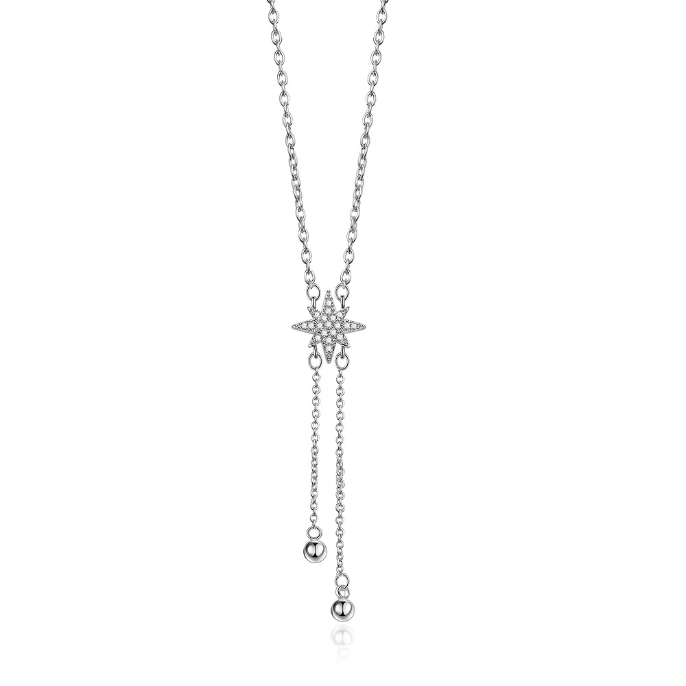 Elegant rhodium-plated dangle necklace with a sparkling star-shaped pendant set with clear cubic zirconia stones and two dangling chains.