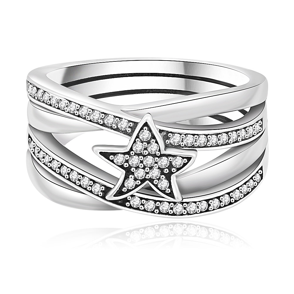 A close-up of the 925 Sterling Silver Star Ring, showcasing its intricate origami-inspired design and sparkling cubic zirconia stones on the band.