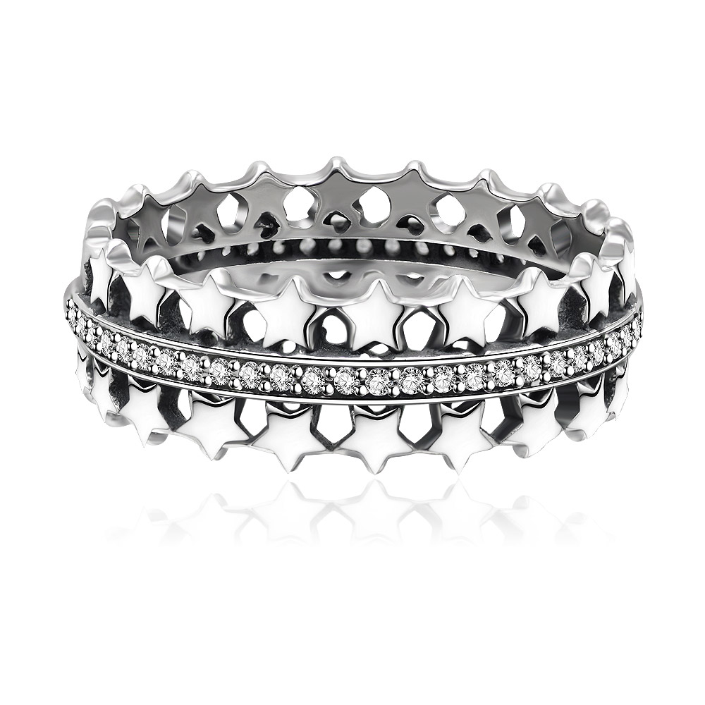 A detailed close-up of the Double Row Star Shine CZ Stacking Ring, showcasing its 925 sterling silver band and intricate star-shaped cubic zirconia design.