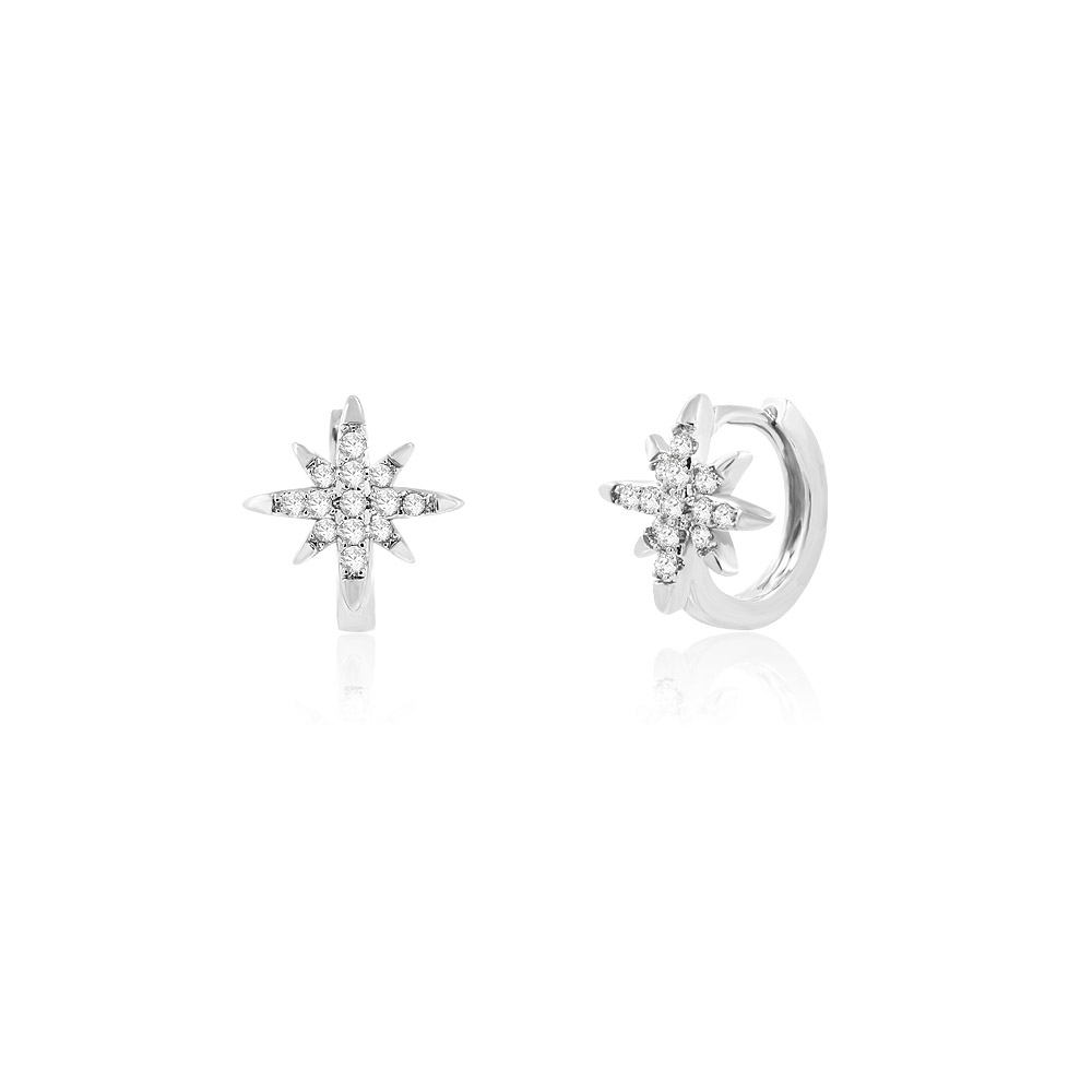 Close-up of Starburst Huggie Hoop Earrings with multiple small diamonds set in silver metal.