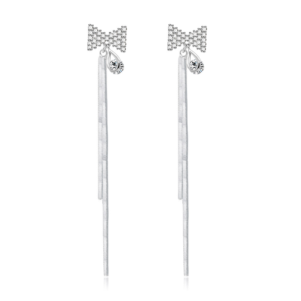 A pair of Bow Long Snake Chain Drop Earrings, featuring silver bow-shaped tops with cubic zirconia and elegant long snake chain tassels.