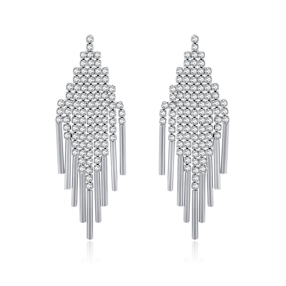 Front view of the Waterfall Crystal Dangle Earrings, featuring a triangular crystal top and a shimmering silver tassel design.