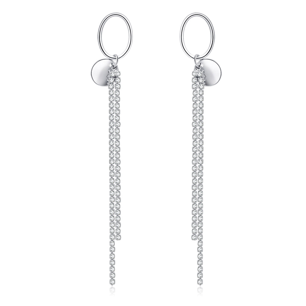 A pair of Waterfall Crystal Drop Earrings with shimmering tassel-like chains made of small, clear Czech crystals.