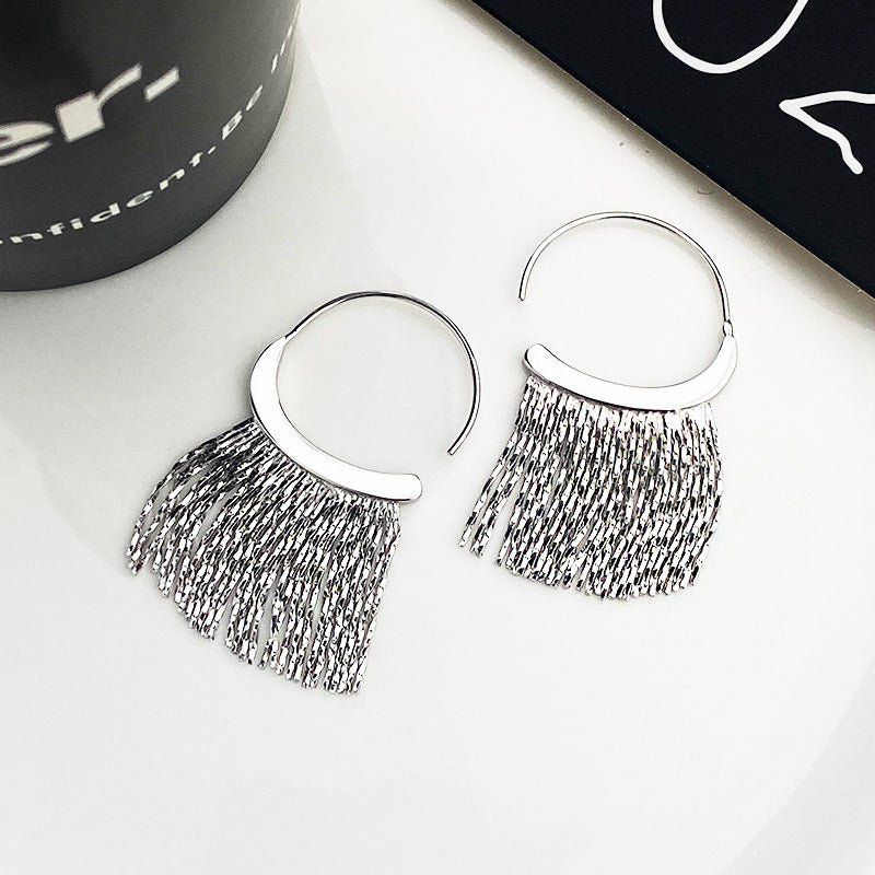 A pair of 925 sterling silver C-hook earrings with delicate tassel-like fringes, part of a five-pair set.