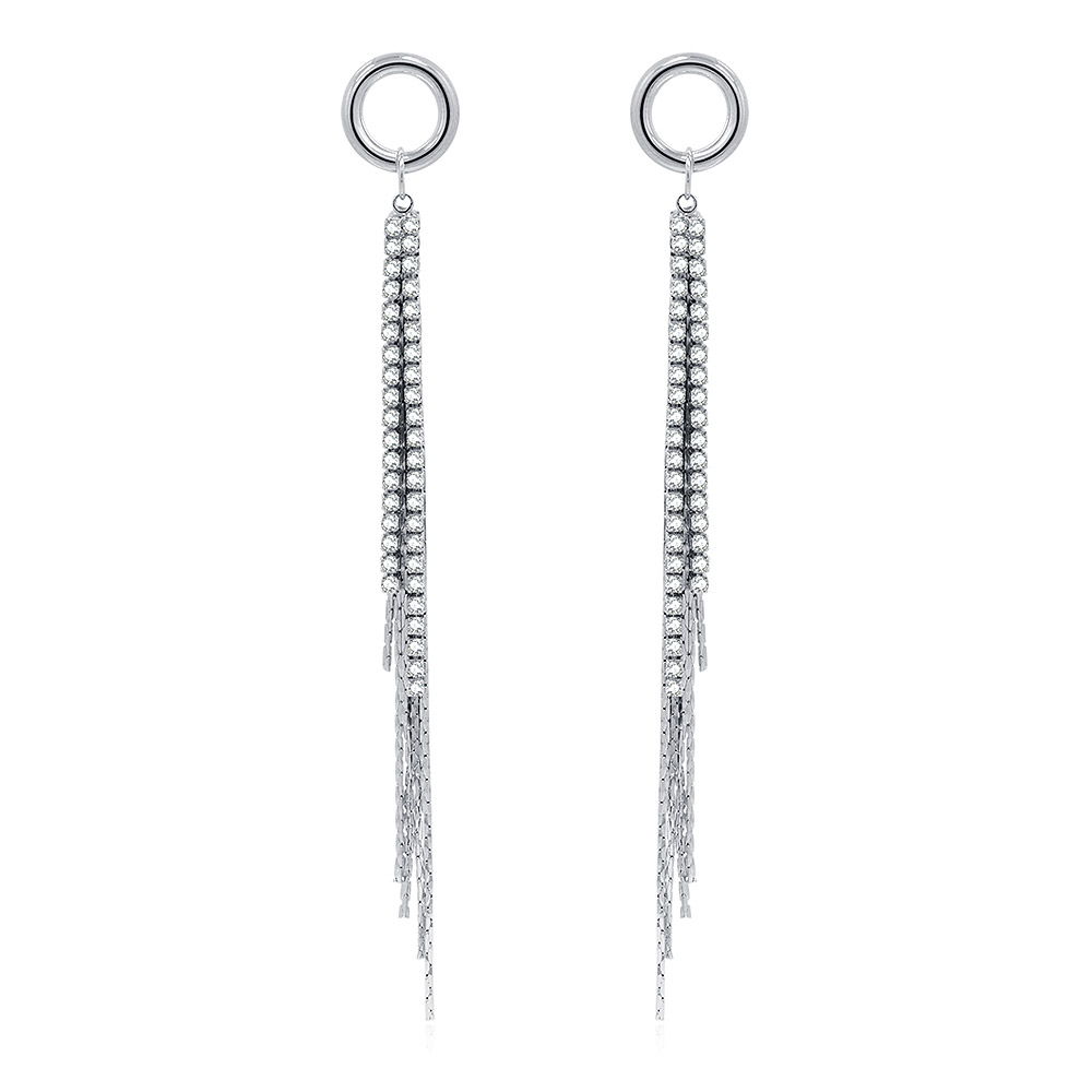 A pair of Chain CZ Tassel Chandelier Earrings, featuring long silver tassel strands and sparkling clear cubic zirconia stones, on a white background.