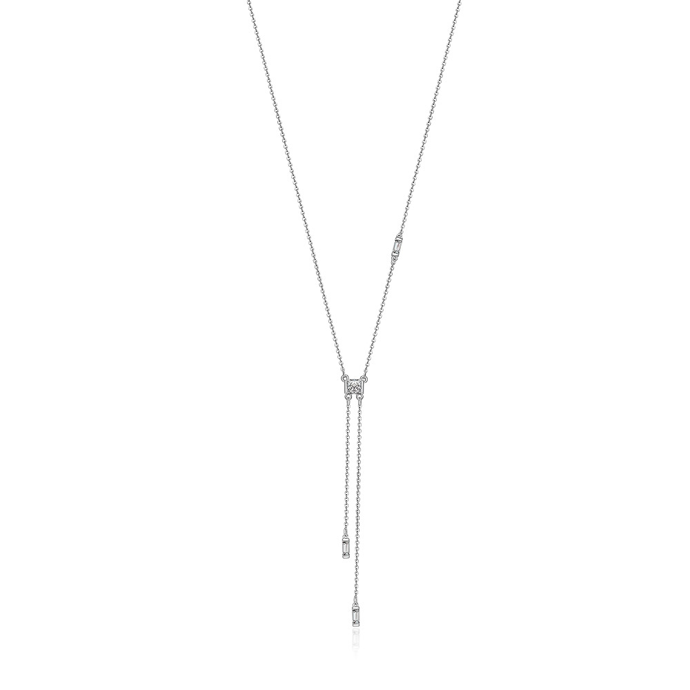 Elegant Silver Mini CZ Stone Drop Necklace with a delicate tassel pendant, rhodium-plated for a brilliant shine.