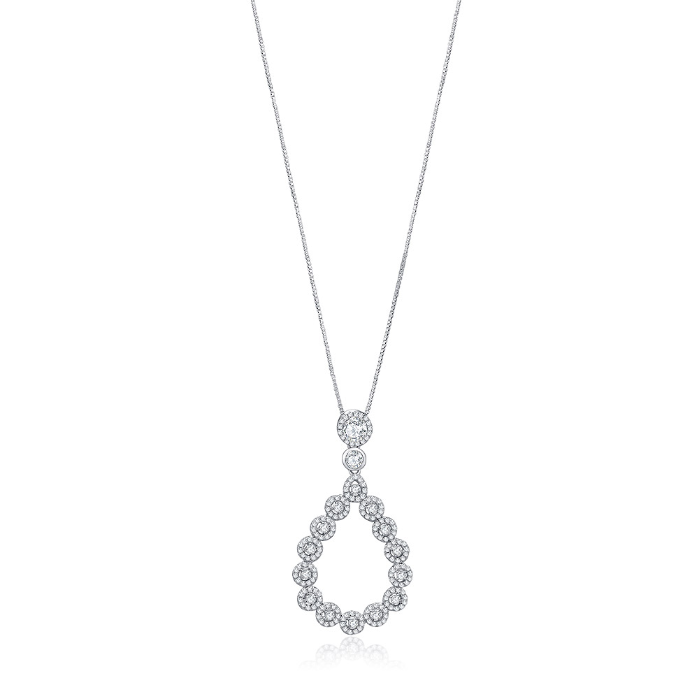 Fine Zirconia Tear Drop Necklace featuring a silver teardrop-shaped pendant encrusted with sparkling cubic zirconia stones, on a delicate silver chain.