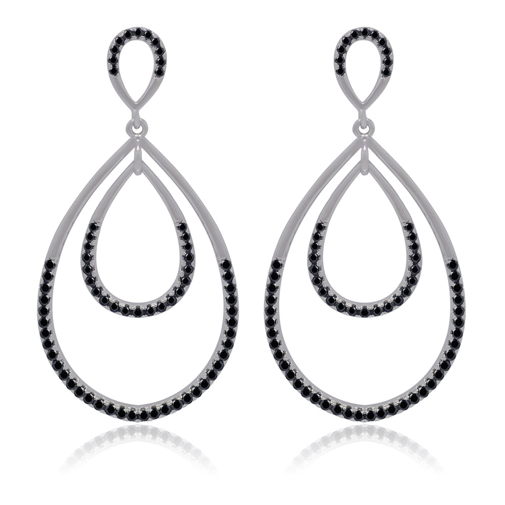 A pair of Black CZ Teardrop Dangle Earrings with a double-layered silver metal design, intricately set with black cubic zirconia gemstones along the edges.
