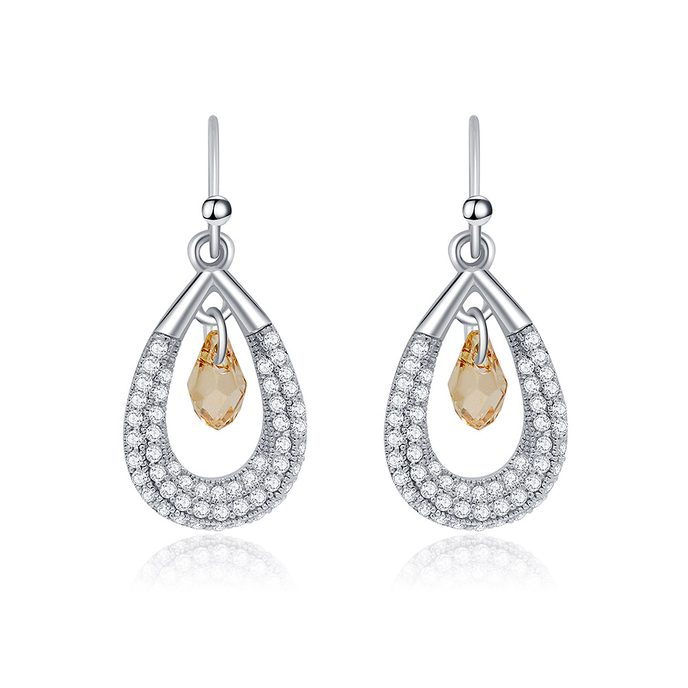 A pair of Swarovski Sparkling Crystal Beads Earrings, featuring a teardrop design in rhodium-plated 925 sterling silver with clear crystal pavé and light topaz centerpieces.