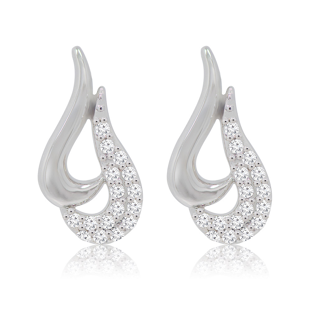 A pair of silver teardrop-shaped Swirls Stud Earrings with sparkling cubic zirconia embellishments, shown on a white background.