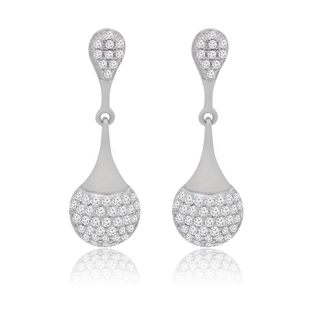 A stunning pair of rhodium-plated teardrop earrings, intricately set with sparkling white cubic zirconia, perfect for bridal wear.