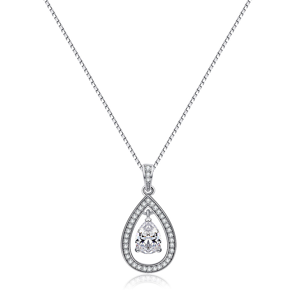 Close-up of a rhodium-plated pear drop necklace featuring a large central AAA cubic zirconia surrounded by smaller stones.
