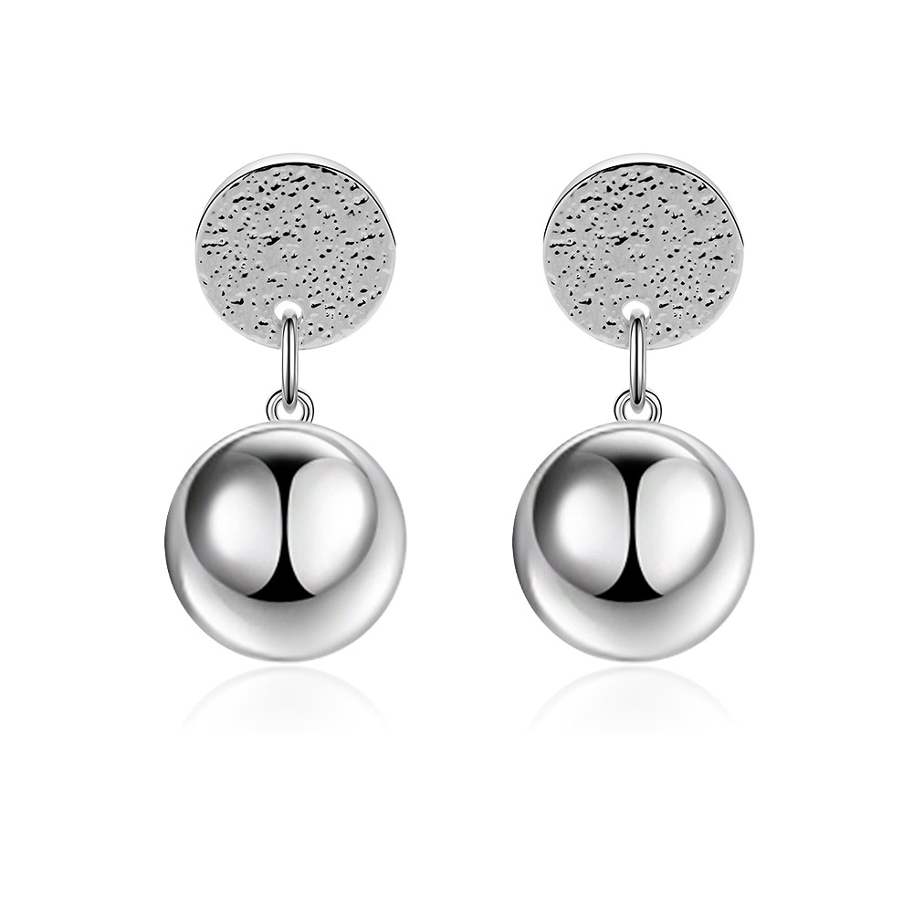 A pair of Top Round Disc Stud Ball Earrings with textured tops and smooth spherical drops, made of rhodium-plated brass.