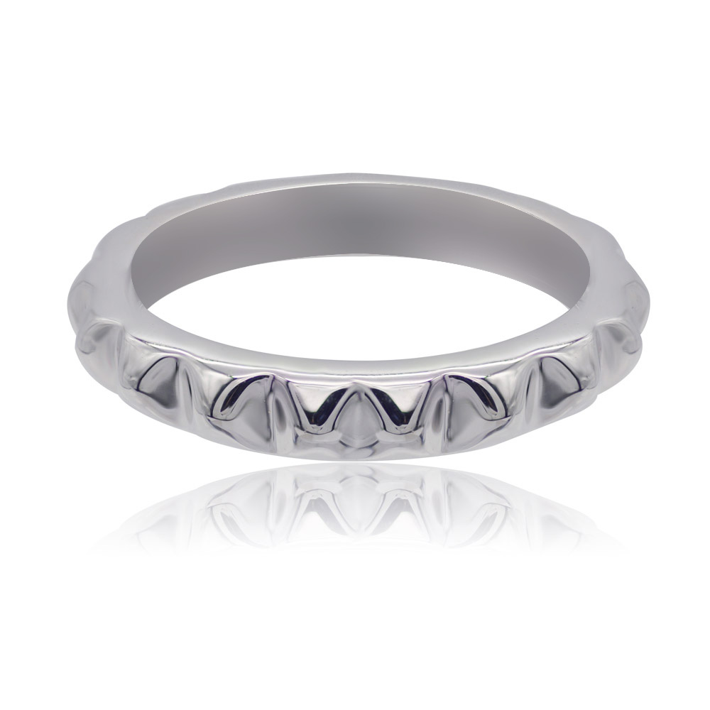 Close-up of the Polished Diamond Cut Rhodium Ring, highlighting its unique textured exterior and smooth, polished interior finish.