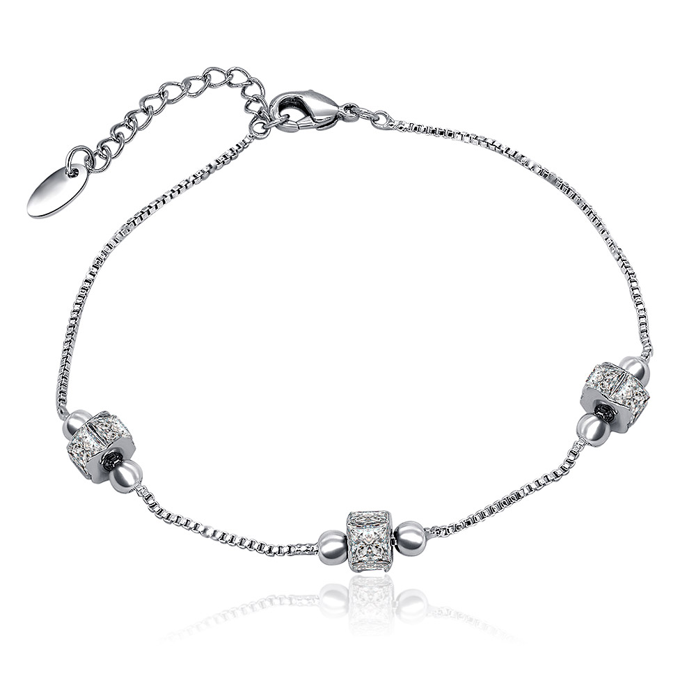 A clear, full view of the Rhodium CZ Round Bijoux Bracelet, showcasing its silver-toned rhodium plating, sparkling cubic zirconia charms, and secure lobster clasp on a white background.