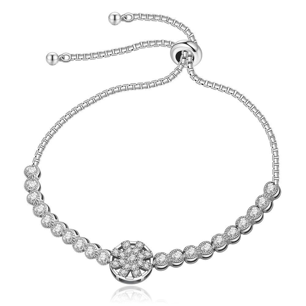 A detailed view of the Round Disc Jazz Set Bracelet, highlighting the bezel-set cubic zirconia stones on the central disc and the adjustable rhodium-plated chain.