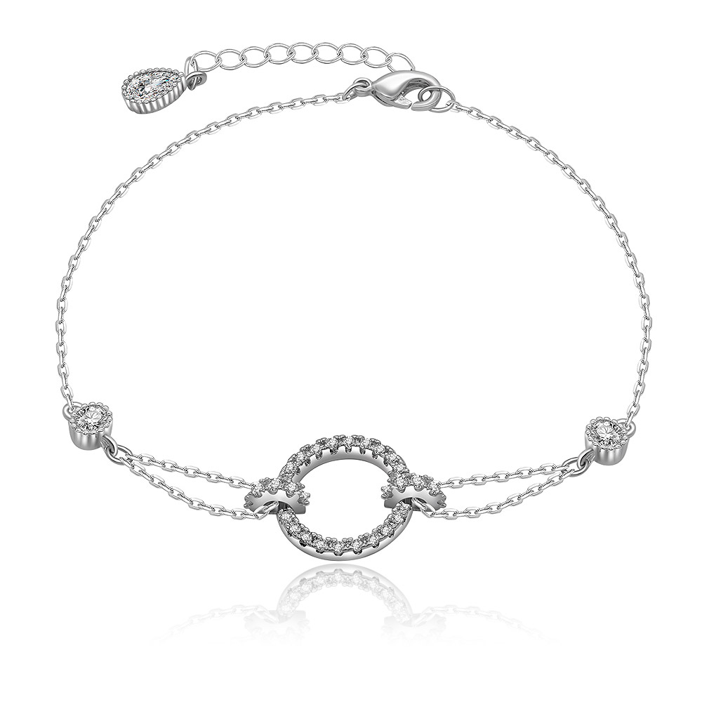 Fine Cubic Zirconia Round Bracelet featuring a central circular pendant with sparkling AAA+ cubic zirconia stones, crafted from rhodium-plated brass.