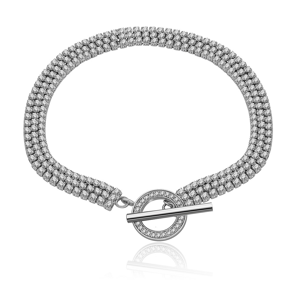 A stunning CZ Tennis Triple Row Bracelet with a rhodium-plated finish, showcasing three rows of sparkling princess-cut cubic zirconia stones and a secure toggle clasp.
