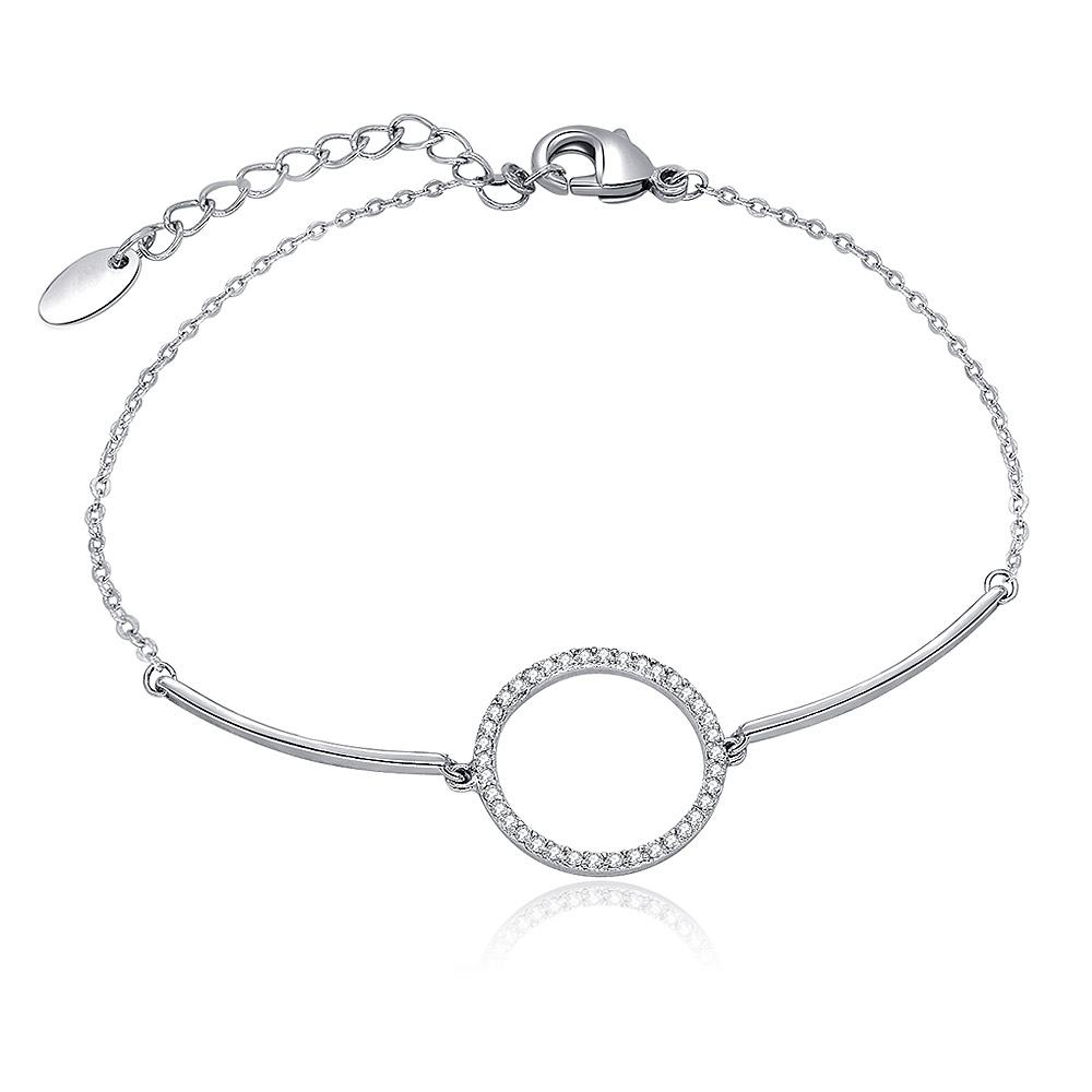 A minimalist silver-toned Circle Charm Bar Bracelet with a central circular element encircled by sparkling cubic zirconia stones, on a white background.