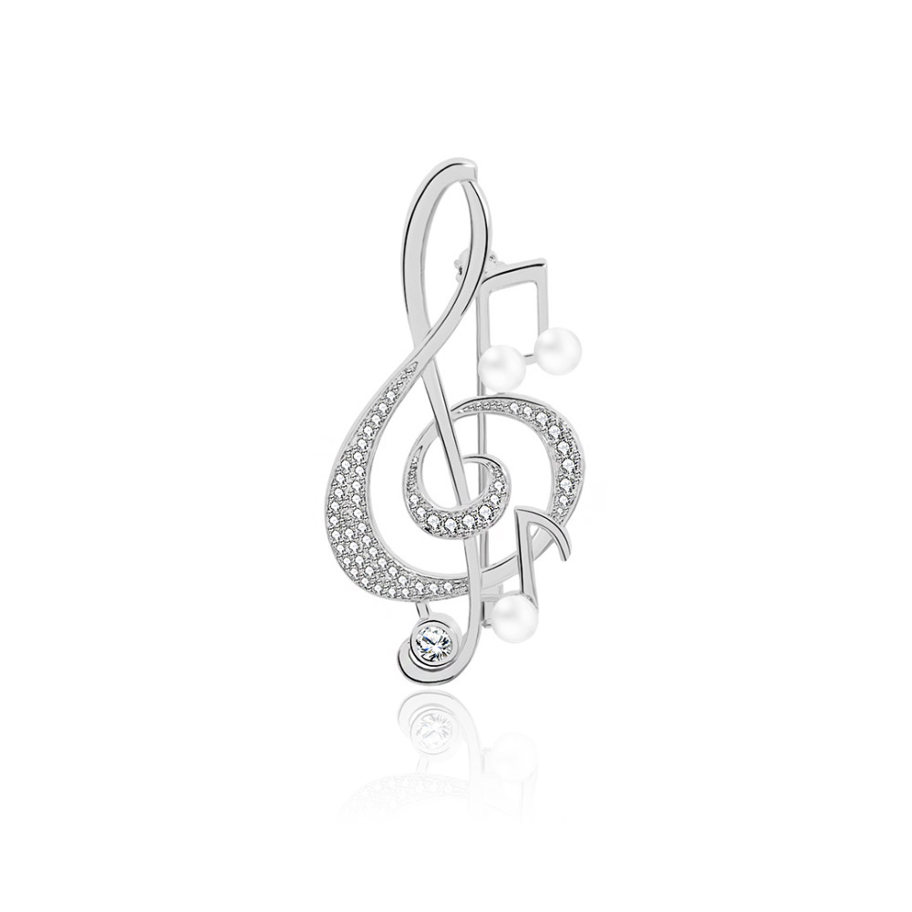 Elegant music note women's brooch pin with a treble clef design, micro-paved with cubic zirconia and white glass pearls.
