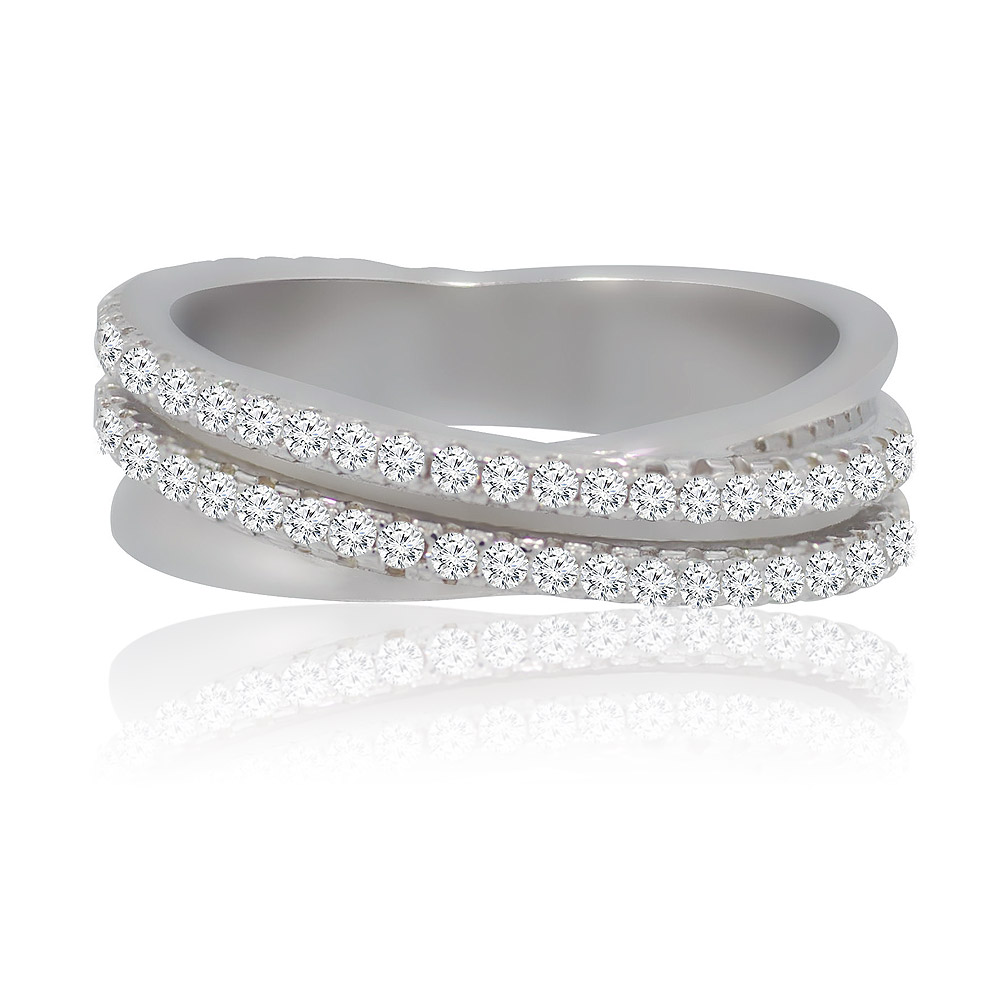 A close-up of the 4MM Cross Over Band Ring in 925 sterling silver, showing the triple-layered design with two bands handset with white cubic zirconia.