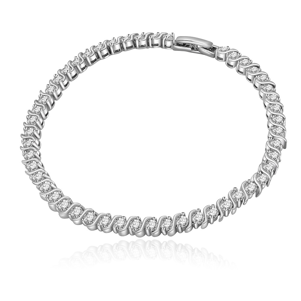 A classic Tennis Round Bracelet featuring sparkling cubic zirconia stones set in a rhodium-plated twisted brass band.