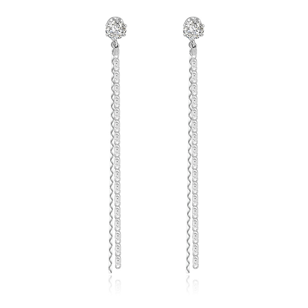 A pair of CZ Stud Chain Long Earrings with a rhodium-plated finish, featuring a dangling wavy chain design and clear cubic zirconia gemstones.