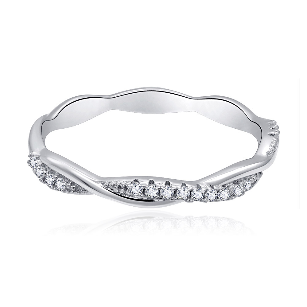 Intercross Band Ring with a unique wavy design, embellished with sparkling cubic zirconia stones.