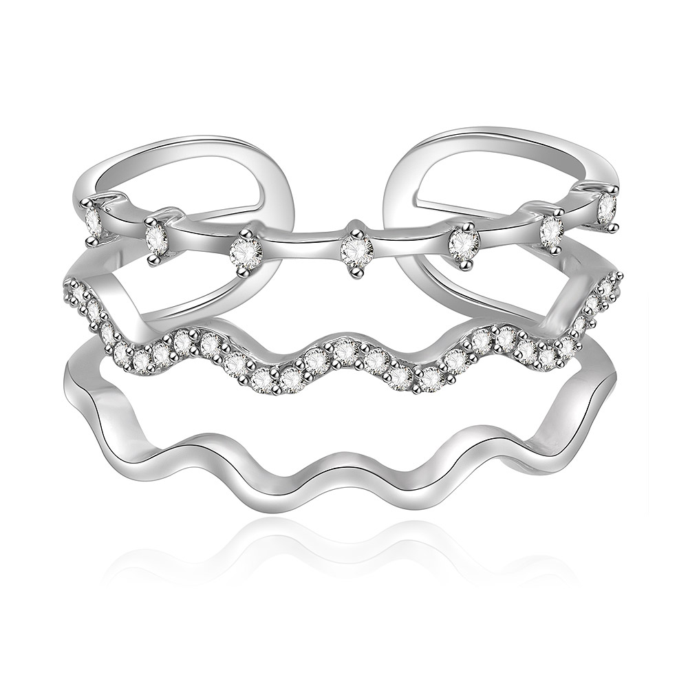 Three rhodium-plated Double Wave CZ Rings, showcasing the elegant wavy design and sparkling white cubic zirconia stones.