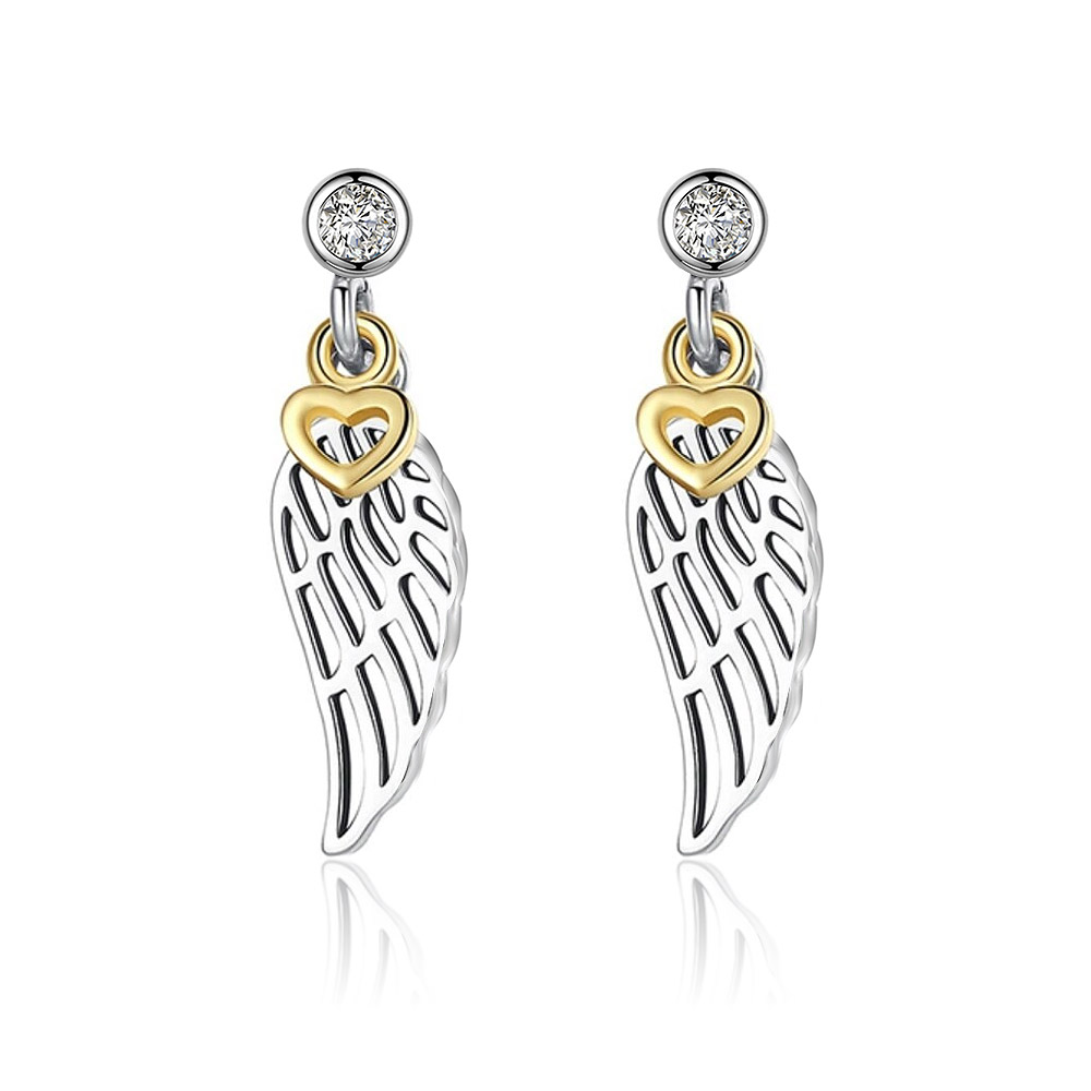 A pair of Wing and Heart Charms Earrings, featuring a silver wing design with a gold heart accent and sparkling cubic zirconia stones, on a clean white background.