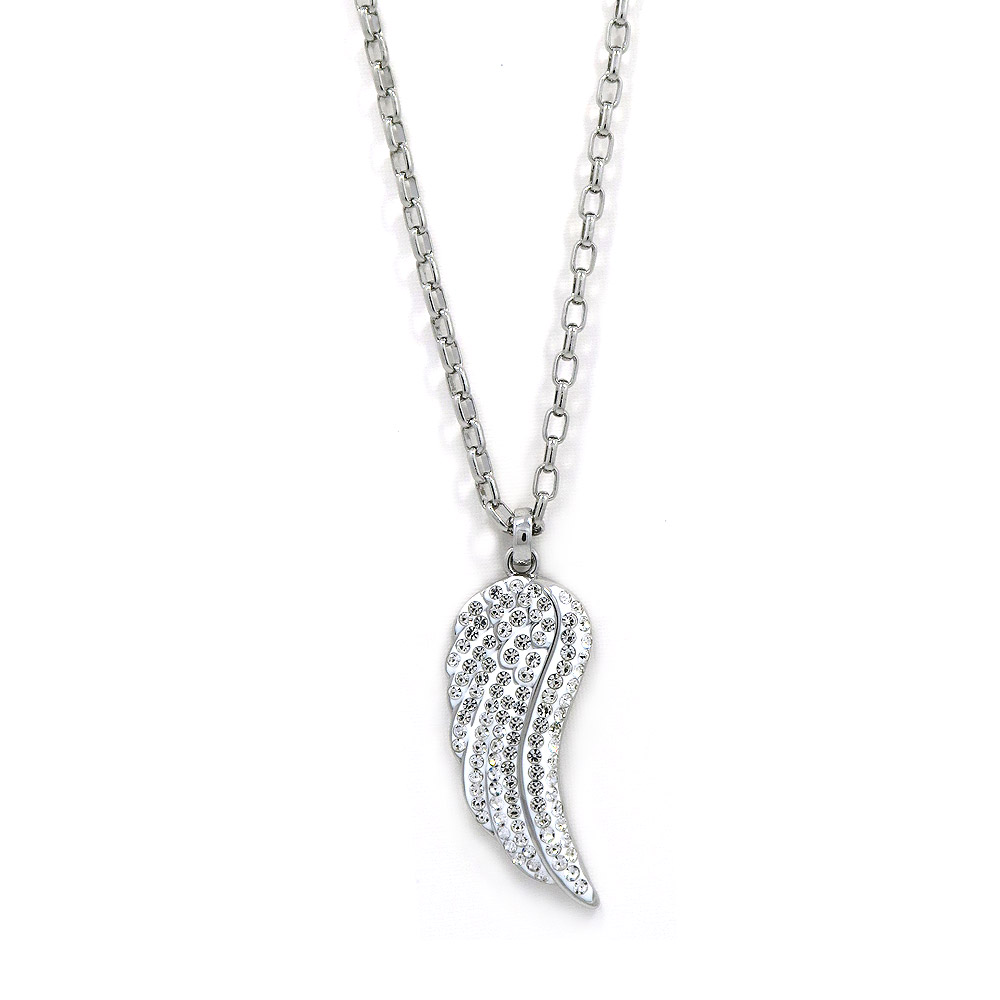 Angel Wing Charm Necklace with rhodium plating and white crystal embellishments.