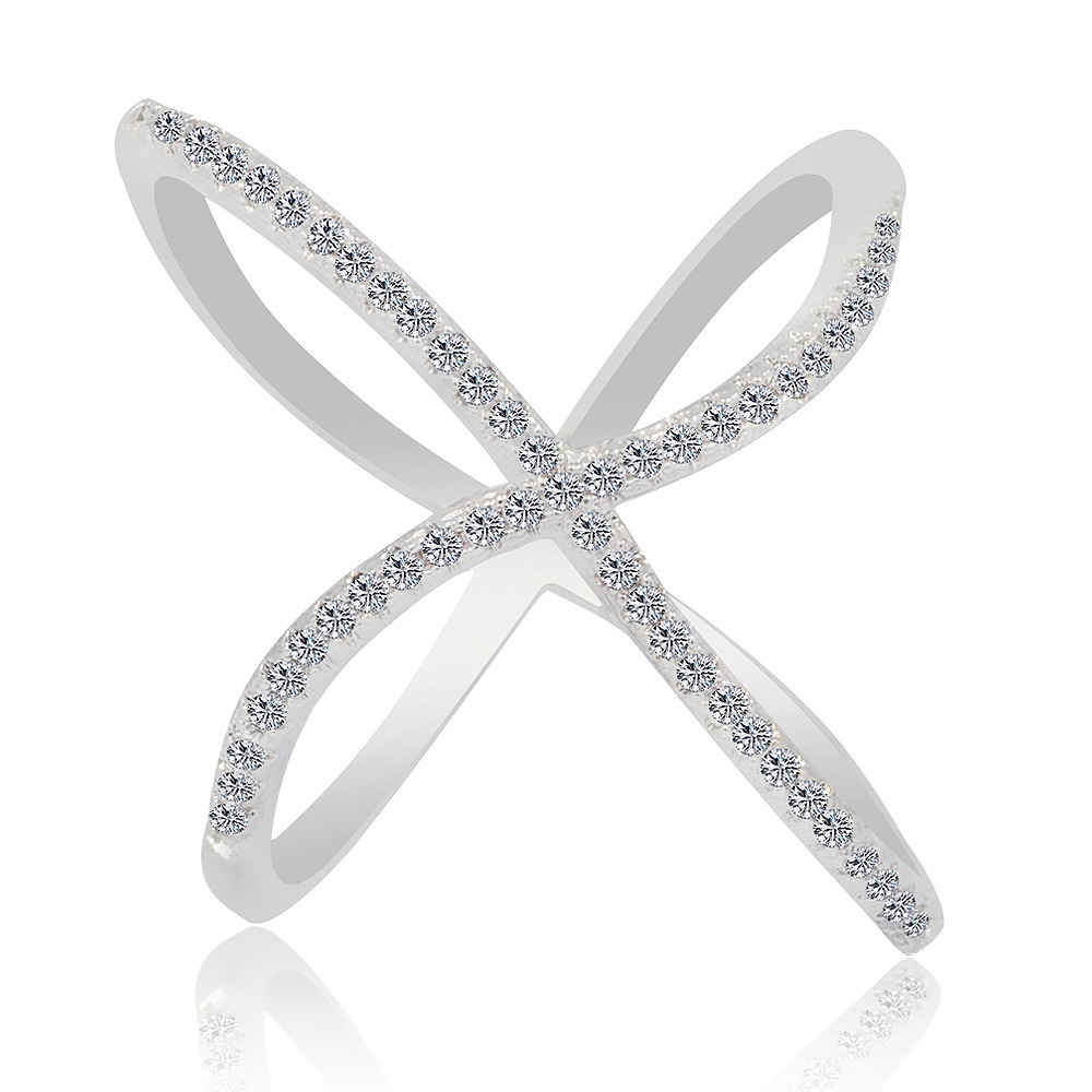 The Swirl In Style Ring, featuring an X-shaped infinity design with intertwined bands fully embellished with sparkling cubic zirconia stones.