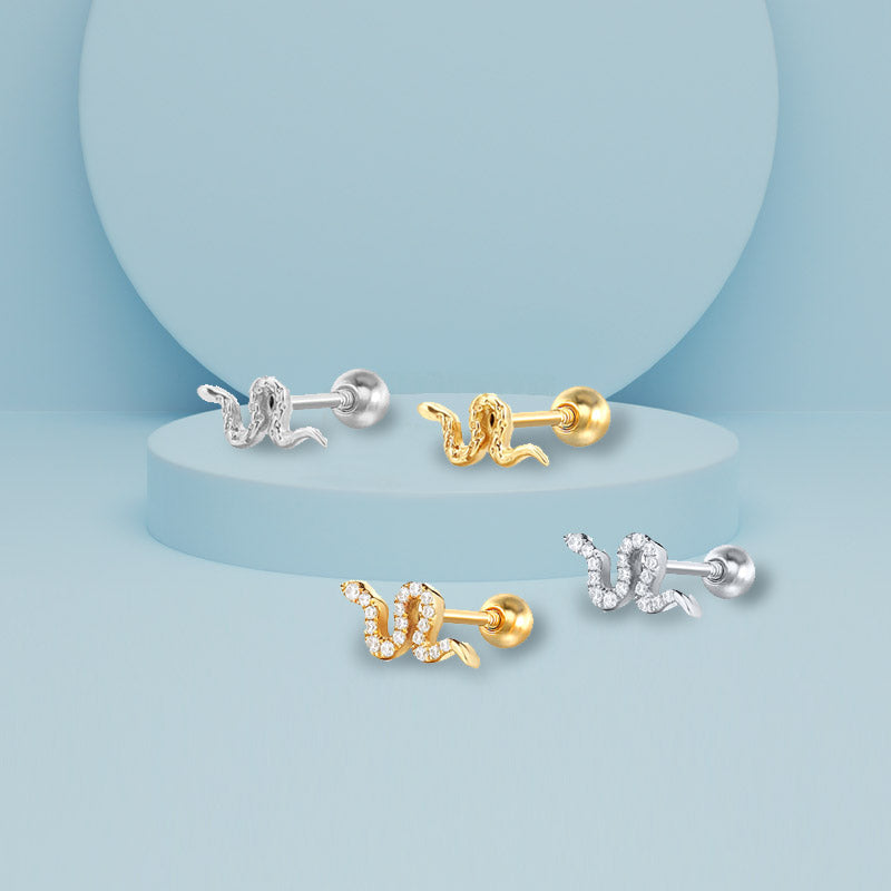 A set of four 925 sterling silver mini cartilage snake stud earrings, shown in both silver and gold finishes with zircon details.