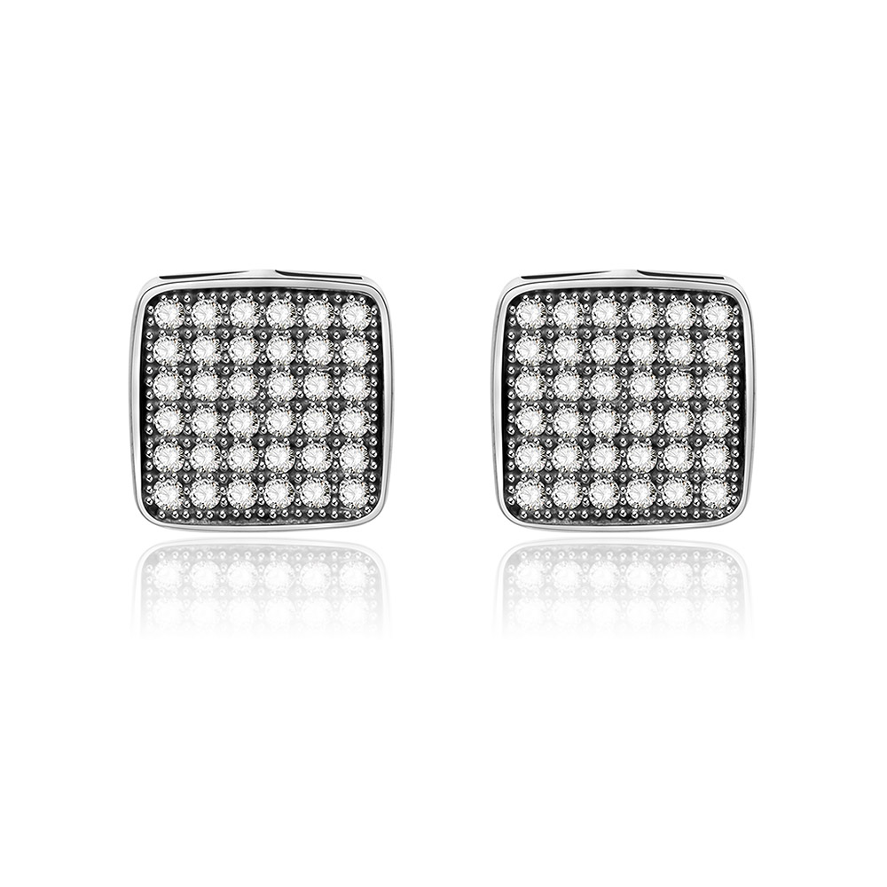A pair of Square Pave Set Stud Earrings in 925 sterling silver, featuring a grid of sparkling white cubic zirconia gemstones.