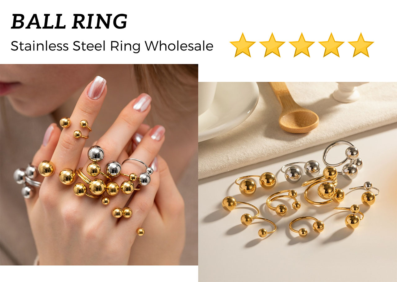 Close-up of wholesale stainless steel ball rings in both gold and silver finishes, showcasing their sleek, spherical design.