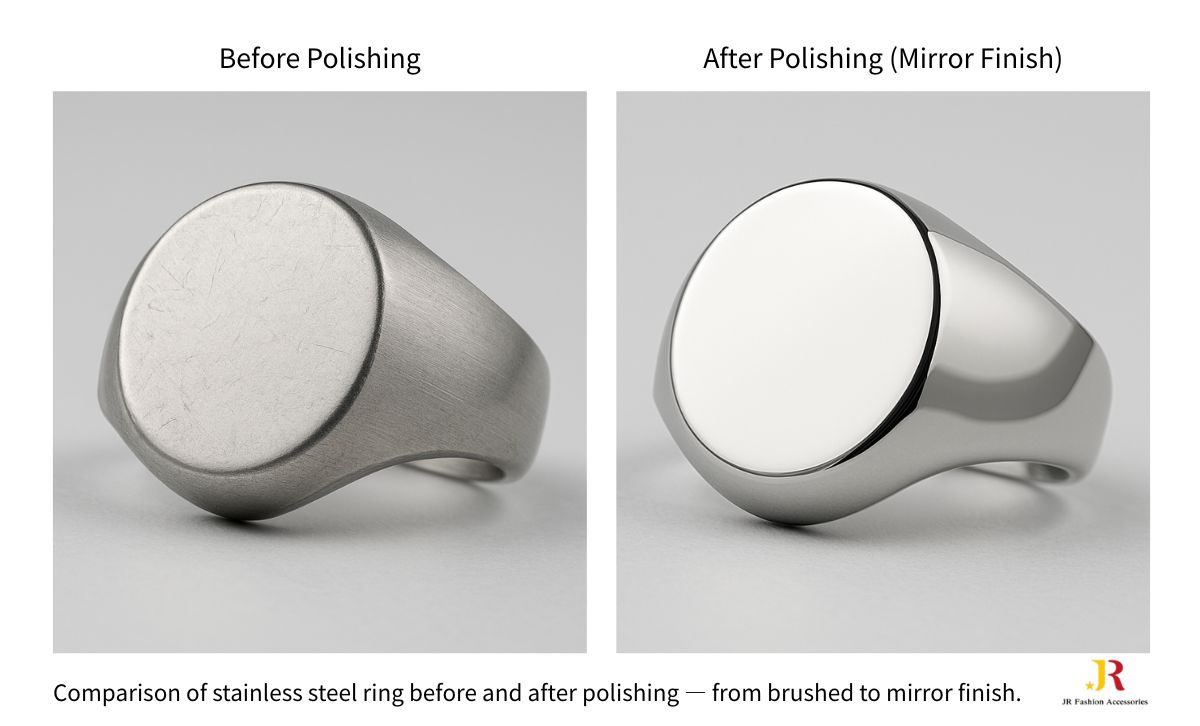 A comparison showing a stainless steel ring before and after polishing, transforming from a brushed to a brilliant mirror finish.
