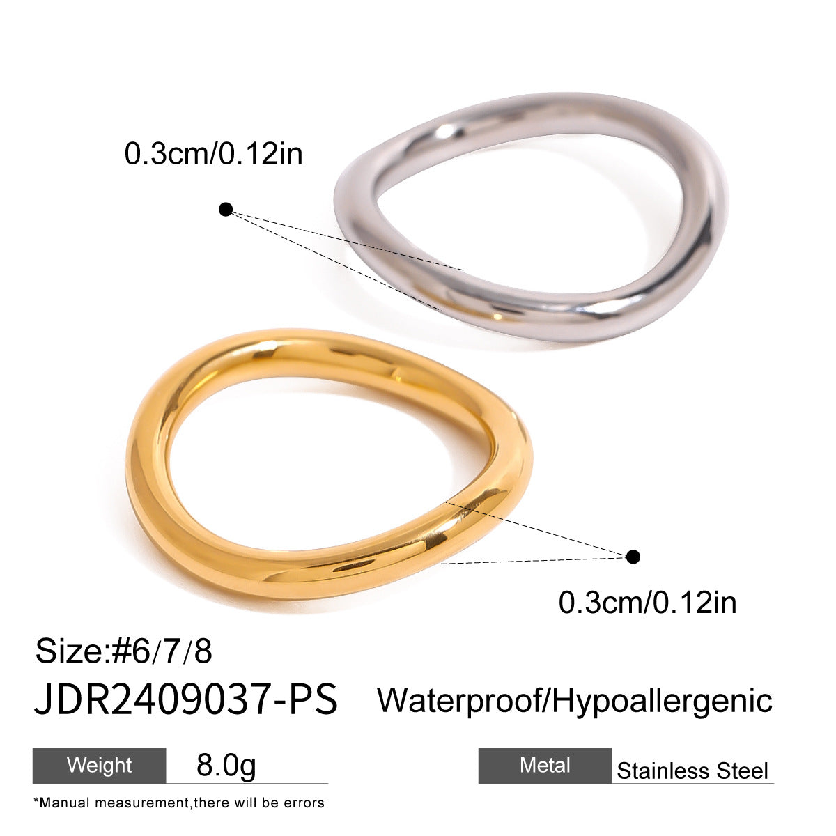 A set of 5 minimalist two-tone stackable rings in gold and silver stainless steel, highlighting their waterproof and hypoallergenic features.