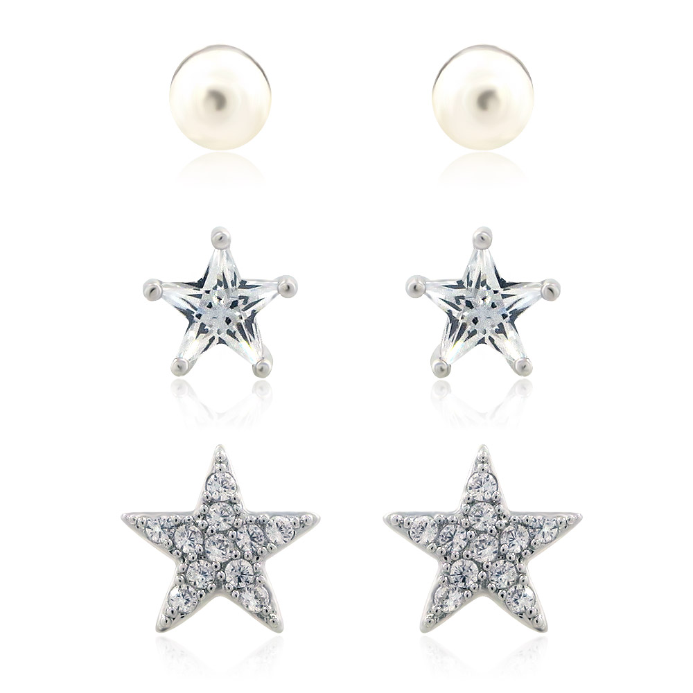 A set of three stud earrings including classic white pearl studs, a single-stone star earring, and a multi-stone star earring, offered by JR Fashion Accessories.