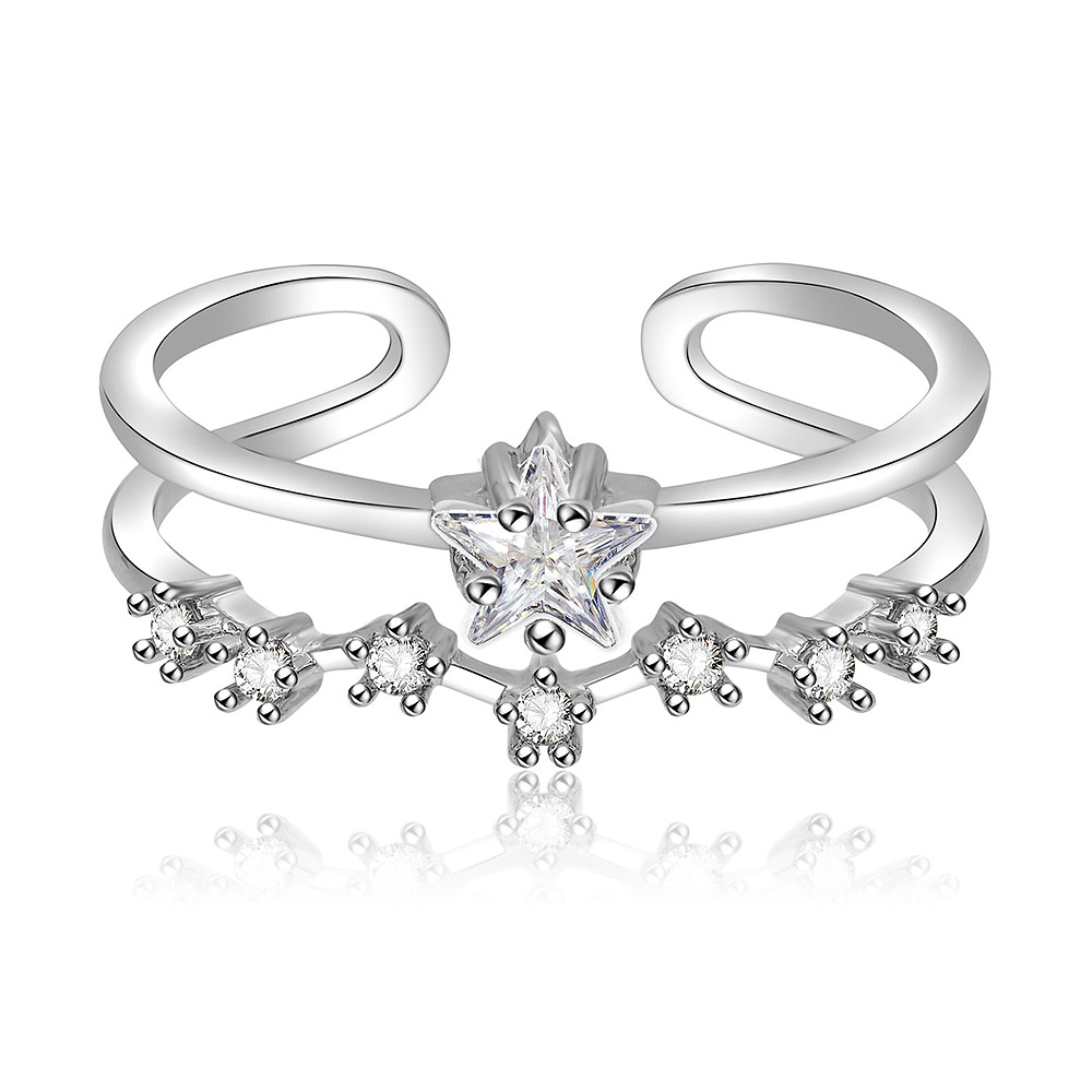 Front view of the All Stars Adjustable Ring, showcasing the central star-shaped cubic zirconia stone on a rhodium-plated band.